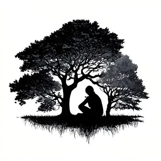 Person Sitting By Tree Silhouette