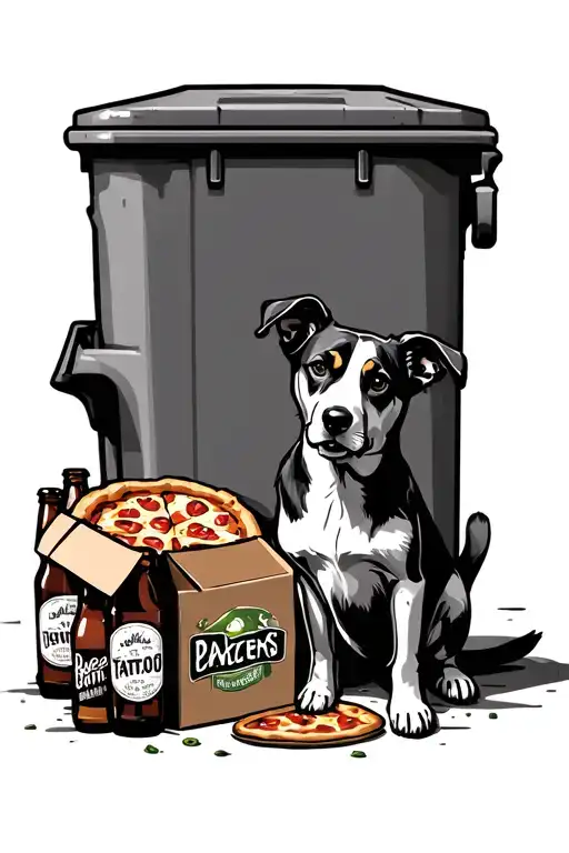 Dog Sitting Next To Dumpster With Pizza Box And Beer Bottles On The Ground
