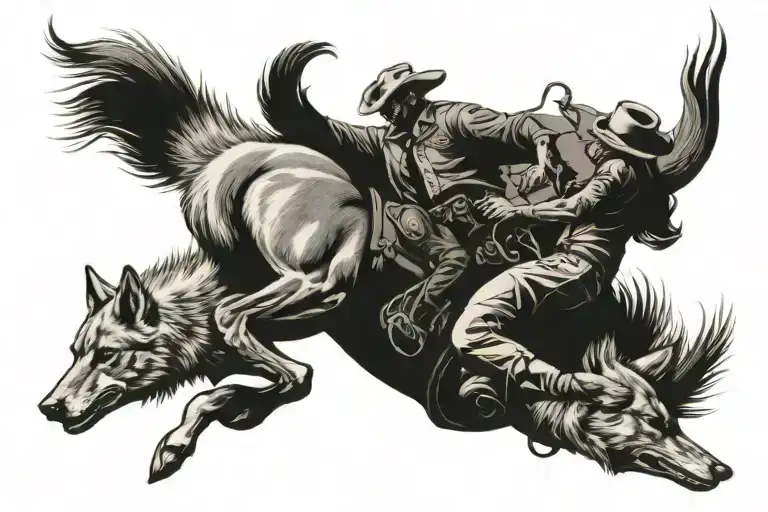 Cowboy On Horse Fighting Coyotes