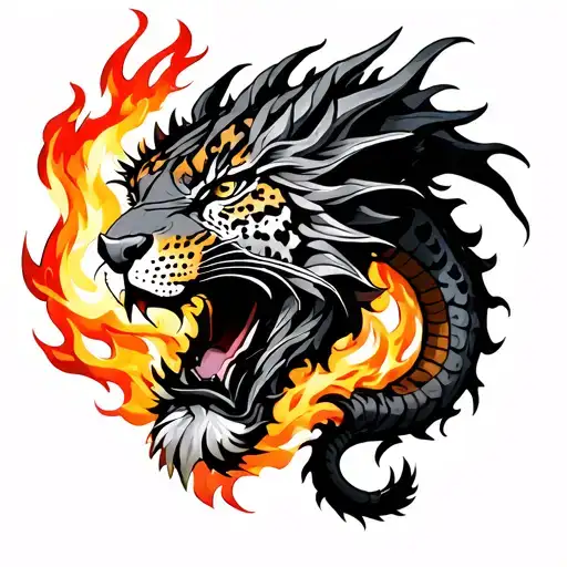 Metal Dragon And Leopard With Fire Breathing Dragon