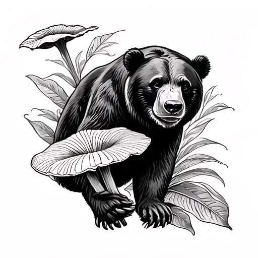 Borneo Sun Bear And Rafflesia Arnoldii Fine Line Tattoo No Shade