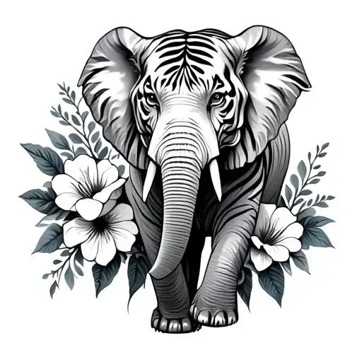 Elephant And Tiger And Flowers Blooming
