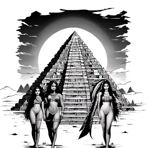 Aztec Pyramid With Girls And Sun Setting