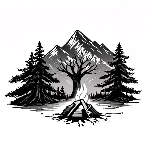 Single Oak Tree And Camp Fire Infront Of One Tall Mountain