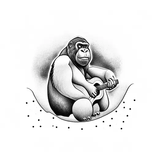 A Minimalist Tattoo Of A Gorilla Playing A Guitar In A Camping Scene