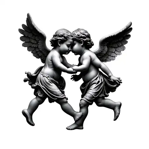 Two Baby Angel Statues Holding Hands And Walking Away
