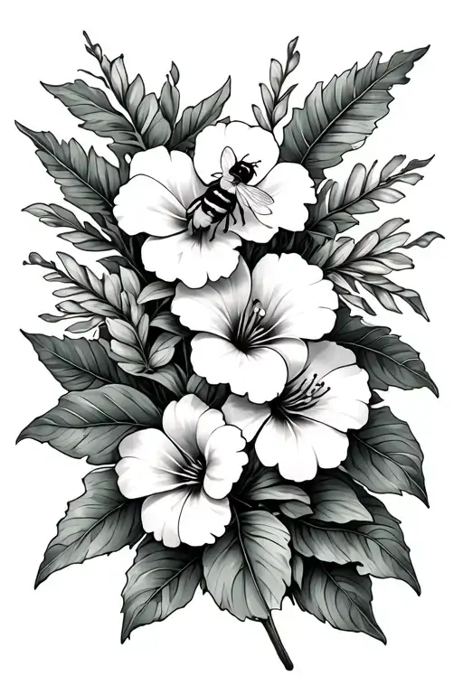 Hawaiian Flowers Intertwined With Greens And Bumble Bee