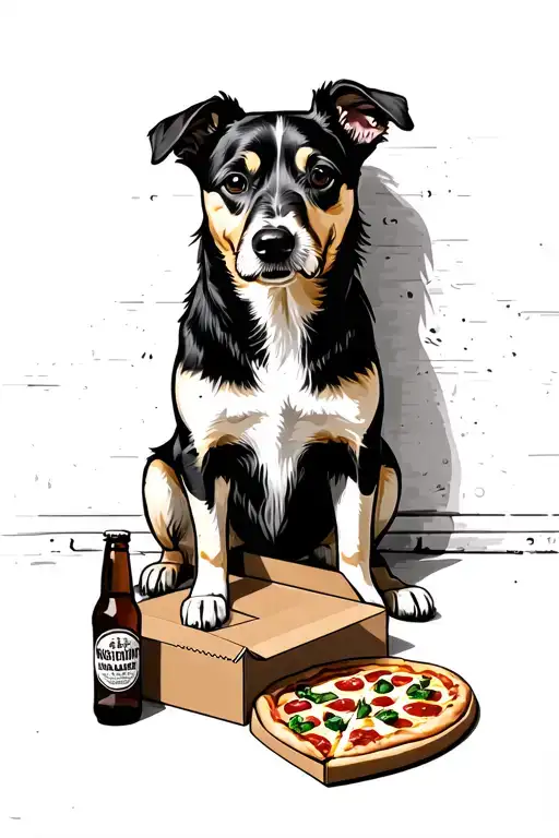 Dog Sitting Against Wall With Pizza Box And Beer Bottles On The Ground