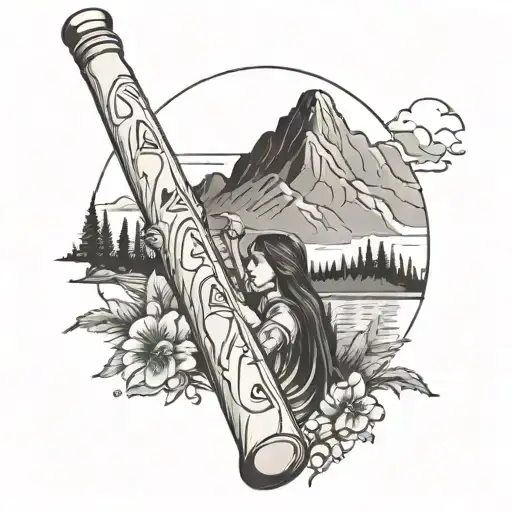 Outline Of Native Flute Containing A Mountain Scene