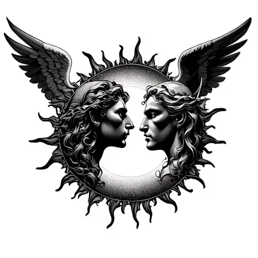 Sun Outline With An Angel And Demon Side Profiles Looking At Eachother Inside Of The Sun