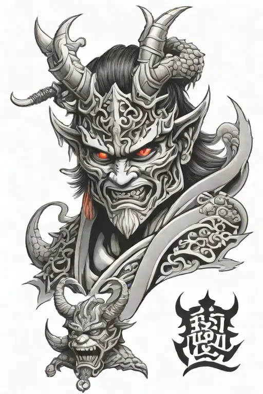 Oni Mask And Samurai And Dragon