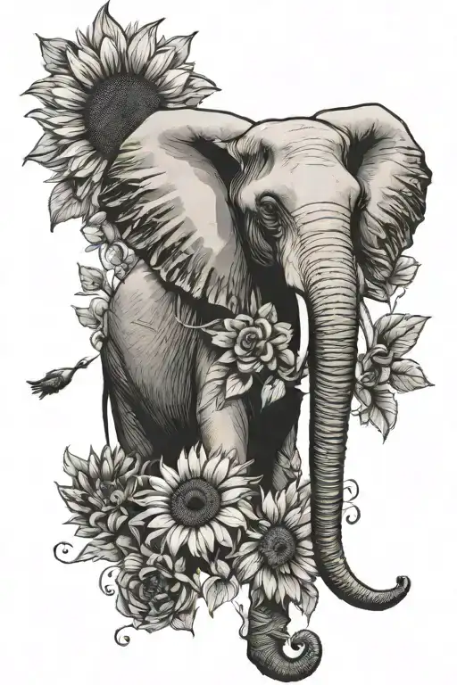 Elephant With Sunflowers And A Dove Flying With A Sunflower