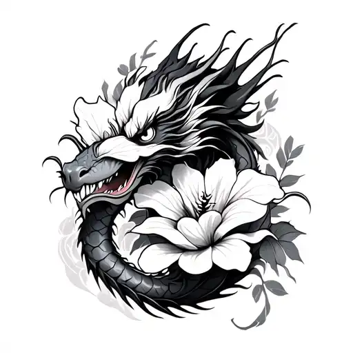 Dragon With Hibiscus Flower Intertwined