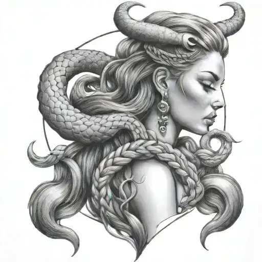 Virgo Goddess With Taurus Horns Woth Long Braided Hair Into A Scorpion Tail