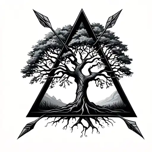 Tree Of Life Inside An Open Triangle With Another Arrow On Top