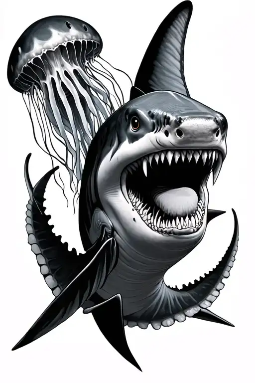 Hammer Head Shark Next To A Stingray And A Jellyfish