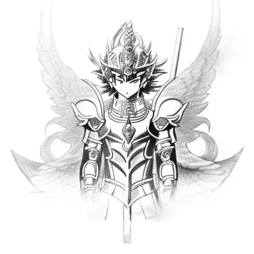 A Black And Grey Tattoo Of Seiya's Iconic Pegasus Armor