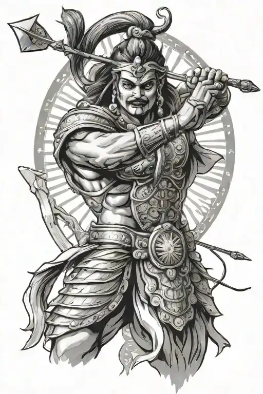 Karn Of Mahabharat With Bow And Arrow Facing Upwards To The Sun