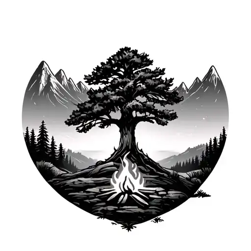 Single Oak Tree And Camp Fire Infront Of Mountains