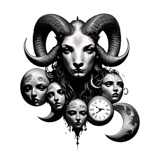 Draw An Aries Tattoo On Forearm With 8 Moons And Many Faces With Clocks