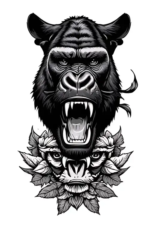 American Traditional Puma With Gorilla Face And Sharp Teeth With A Amazing Background