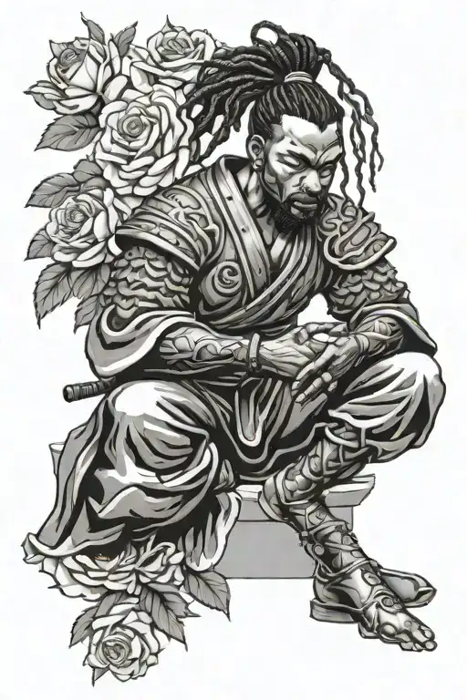 Black Samurai With Dreadlock Ponytail Meditating In Rose Garden