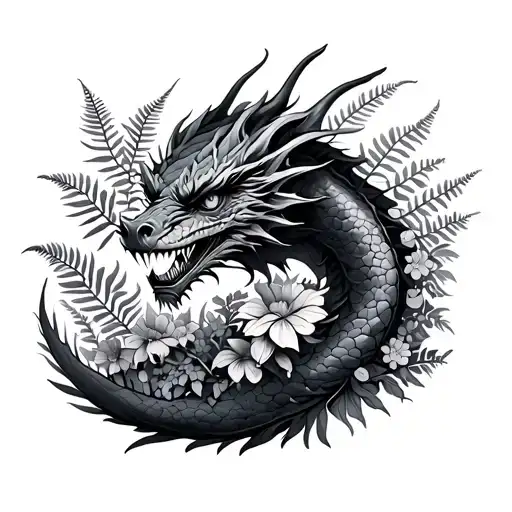 Dragon With Ferns And Flowers Growing