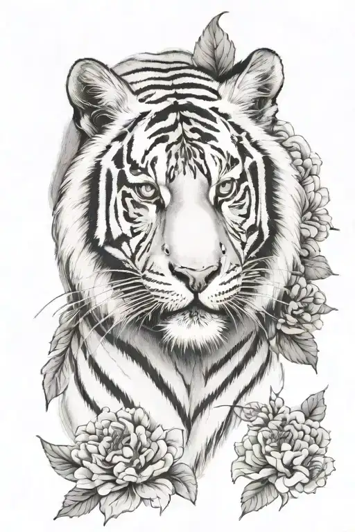 White Tiger With Crysanthemums
