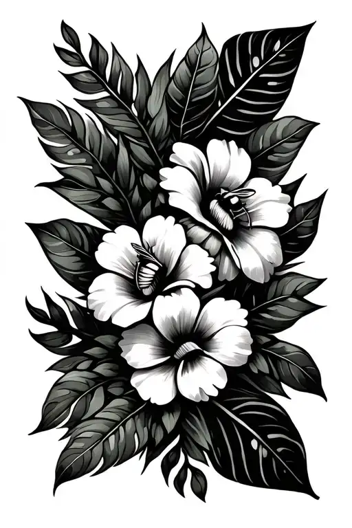 Hawaiian Flowers Intertwined With Greens And Bee