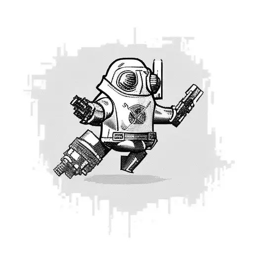 A Black-grey Tattoo Showcasing Iconic Fallout Characters In A Pixelated Art Style