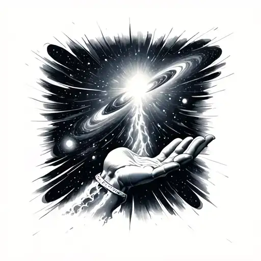 Lower Calf Tattoo Of Hand With Universe In The Palm Galaxy Flowing Upwards On Leg