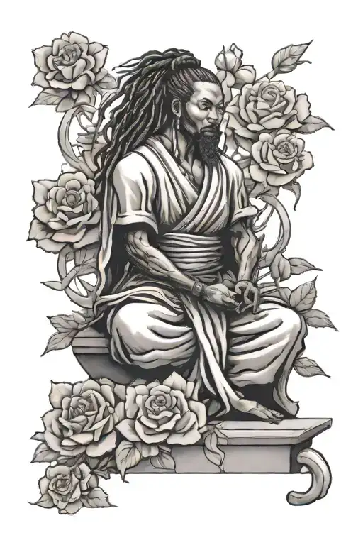 Black Samurai With Dreadlock Ponytail Meditating In Rose Garden
