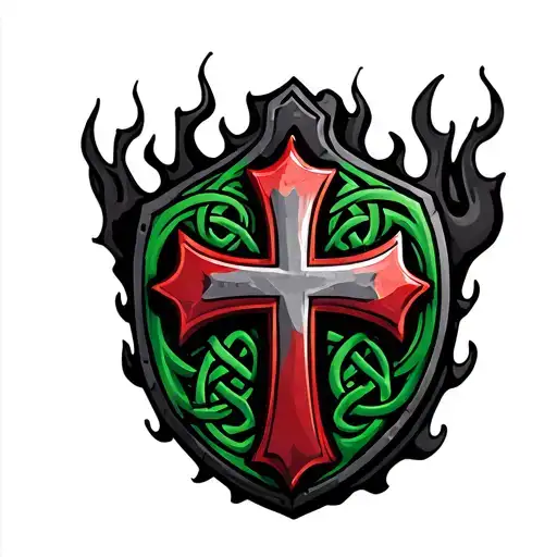 3D Red Jerusalem Cross Against A Crusader Shield Made Of Green And Black Celtic Knot Flames