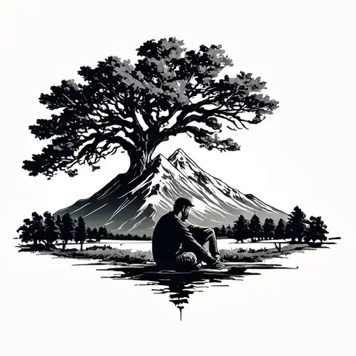 Man Sitting Next To Oak Tree Infront Of One Tall Mountain