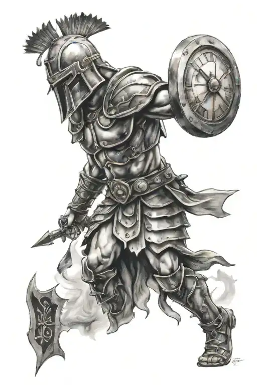 Gladiator Walking With A Cross And A Clock In The Background