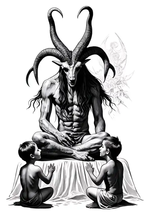 Baphomet Sitting With Two Children Looking Up To Him