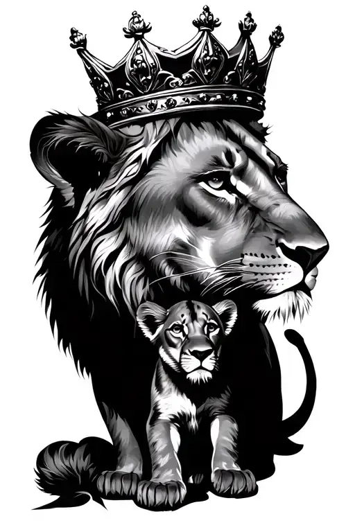 Lioness Protecting Its Cub With Crown