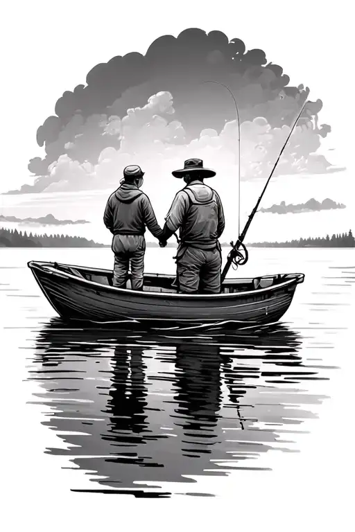 Facing Away Father Son On Boat Fishing In Lake Scene