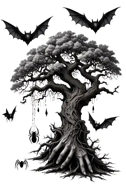Poison Tree With Bats Around With Spider Dropping Down From The Tree To Hand With Spider Web