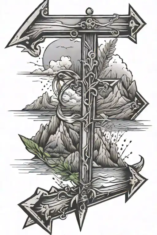 Arrow With A Cross And Mountains And River