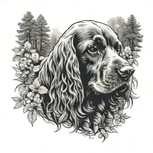 A Realistic Portrait Of A Cocker Spaniel Surrounded By A Lush Forest
