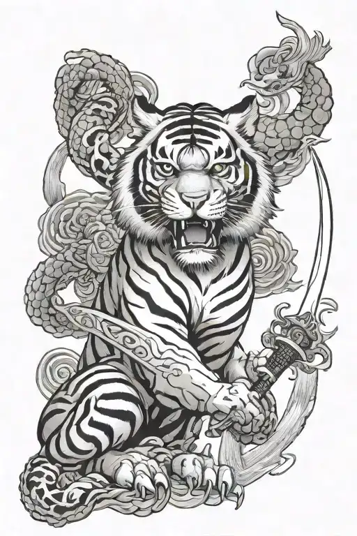 Tiger In A Japanese Setting With The Presence Of A Katana And A Dragon