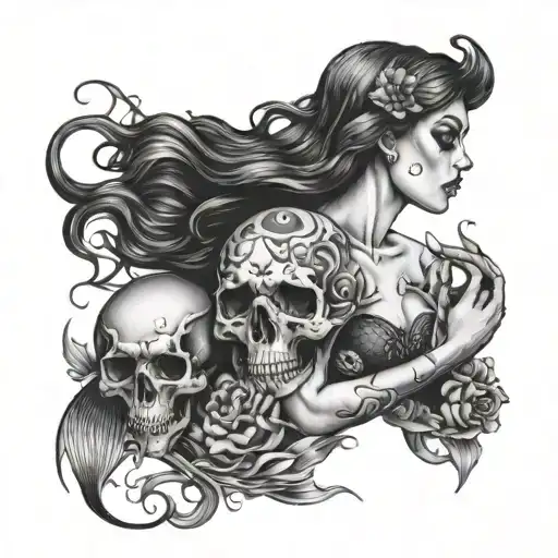 Mermaid Swimming Holding A Skull