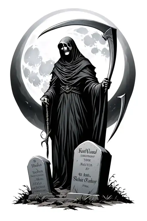 Grim Reaper With Scythe By Tombstones Under A Full Moon