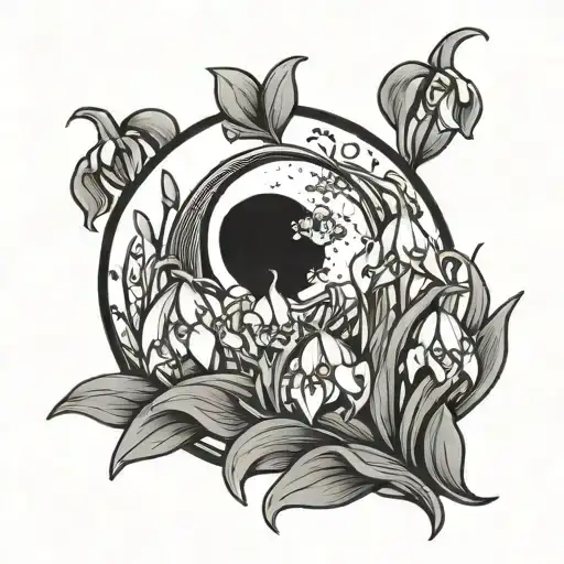 Crescent Moon Outline With Snowdrop Flowers Simple