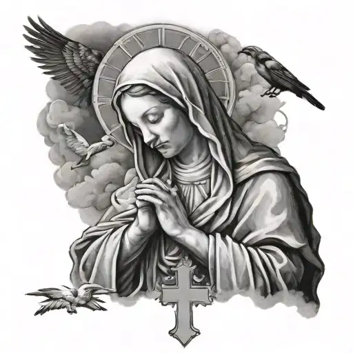 Virgin Mary Praying With Clouds And Birds And A Cross
