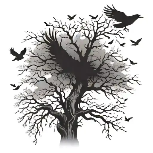 Tree With 6 Crows Flying Around It