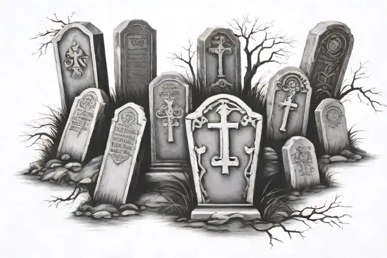 Seven Headstones On A Hillside Each Representing A Different Deadly Sin