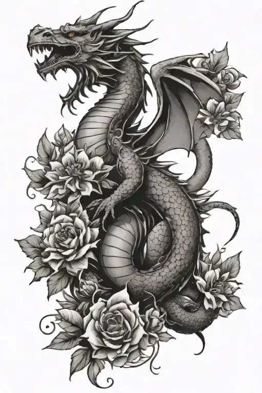 Dragon Surrounded By Flowers With A Creent Moon