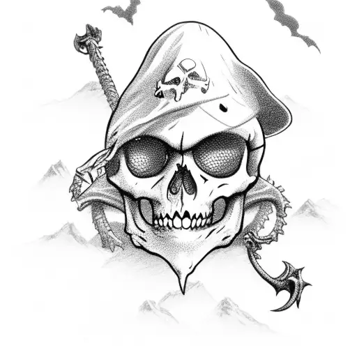 Skeleton Pirate On A Cliff Fishing A Brautiful Mairmaid In A Stormy Sea